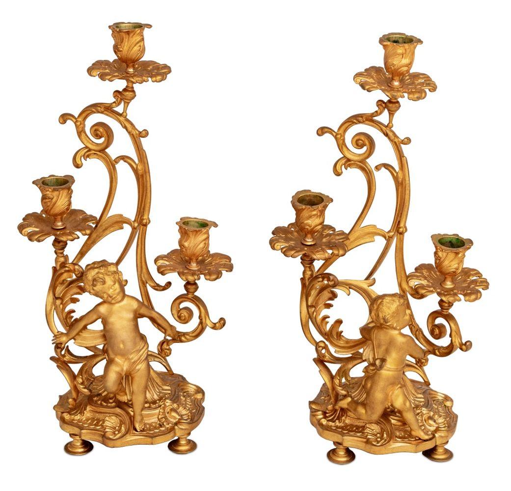19th Century Louis XV Style Gilt Metal Figural Candelabra, Pair For Sale