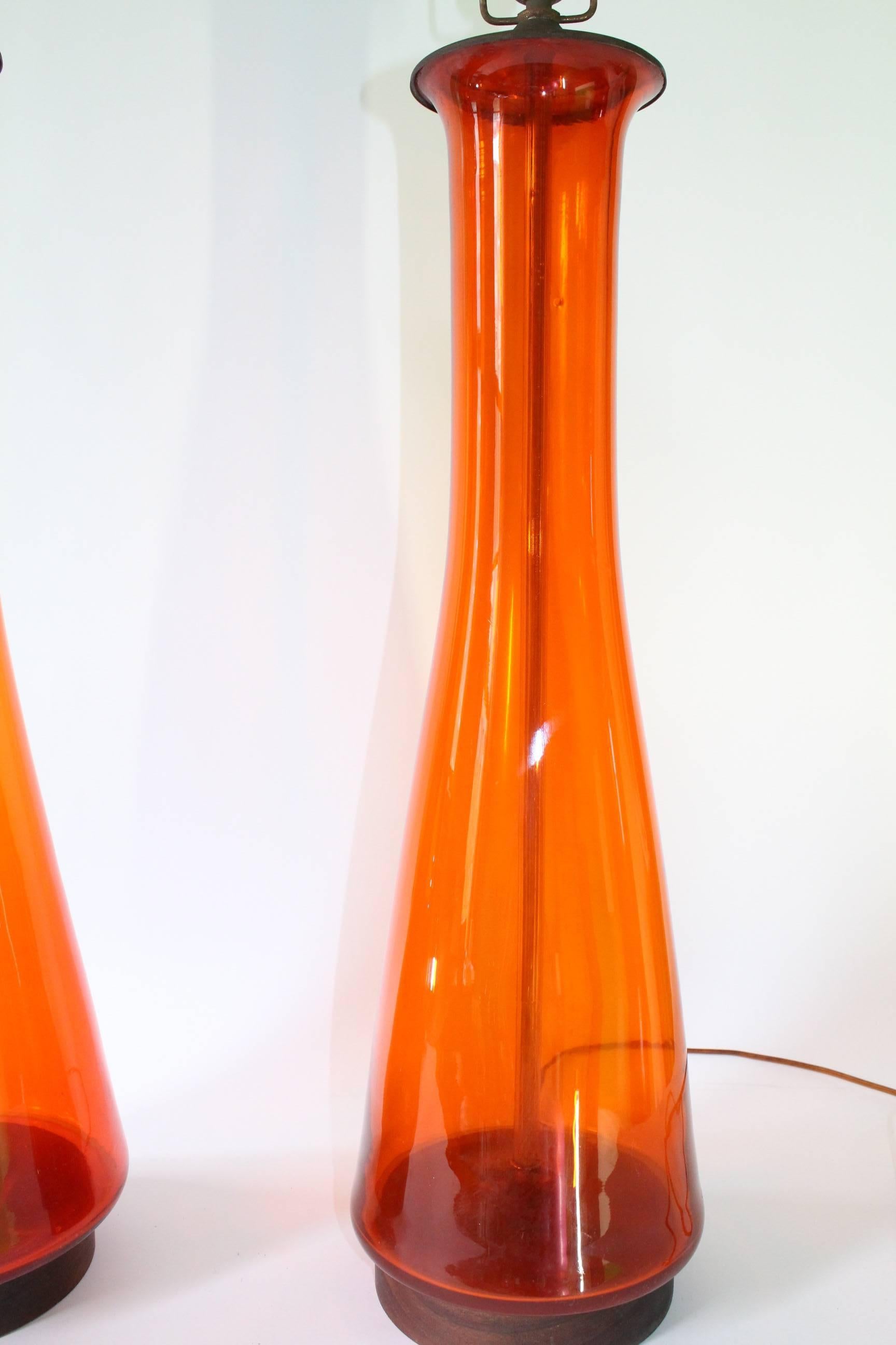 Mid-Century Modern Pair of Blenko Tangerine Glass Table Lamps