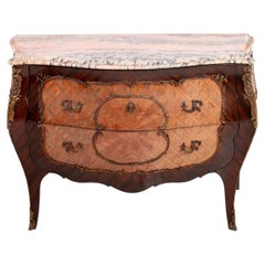Louis XV Style Gilt Metal Mounted Kingwood Parquetry Marble Top Bombe Commode