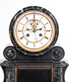 French Black Slate and Green Marble Mantel Clock with White Enamel Dial
