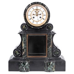 French Black Slate and Green Marble Mantel Clock with White Enamel Dial