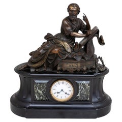 Antique French Patinated Bronze and Marble Mantel Clock, 19th Century