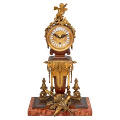 French Patinated Bronze and Marble Mantel Clock, Late 19th Century