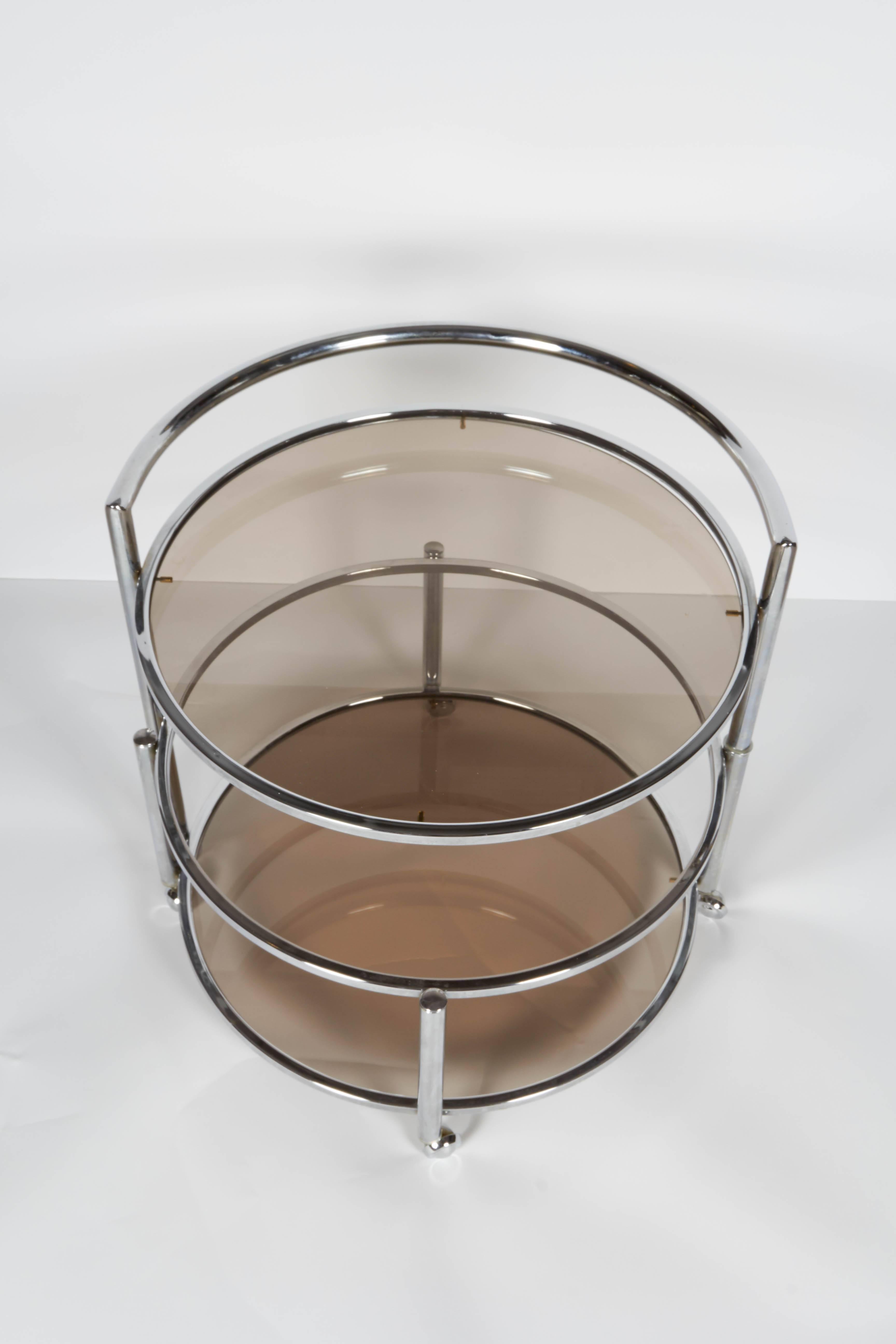 American 1970s Chrome Round Swivel Bar Cart with Smoked Glass