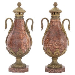 Pair of French Neoclassical Rouge Griotte Urns with Ormolu Mounts