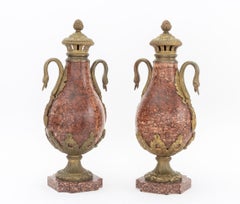Pair of French Neoclassical Rouge Griotte Urns with Ormolu Mounts