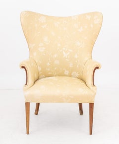 Botanical and Butterfly Print Beige Linen Upholstered Wingback Arm Chair