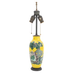 Chinese Famille Jaune Porcelain Vase Mounted as a Table Lamp, Figural Landscape