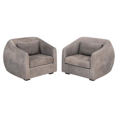Pair of Modern Style Gray Suede Upholstered Tub Chairs