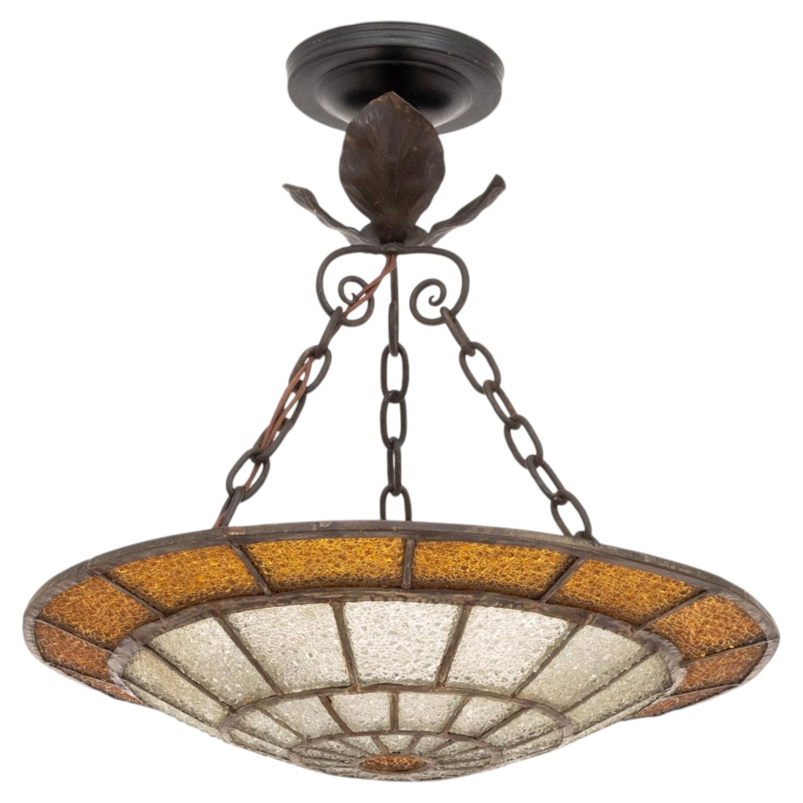 Art Deco Textured Glass and Iron Pendant Light with Flower Form Fixture