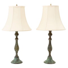 Pair of Modern Verdigris Bronzed Table Lamps with Silk Shades