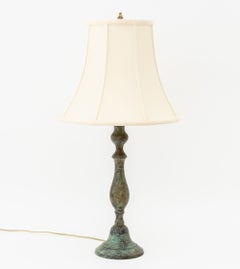 Pair of Modern Verdigris Bronzed Table Lamps with Silk Shades