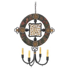 Scandinavian Polychromed Wood and Iron Chandelier, Early 20th Century