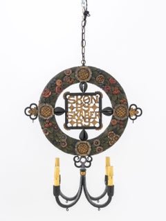 Scandinavian Polychromed Wood and Iron Chandelier, Early 20th Century