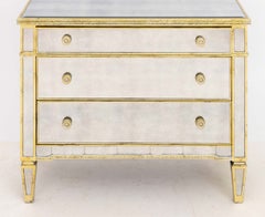 Cómoda de madera Horchow «Amelie» con cuatro cajones, plateada y con espejo