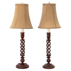 Pair of Jacobean Style Carved Mahogany Double Barley Twist Table Lamps