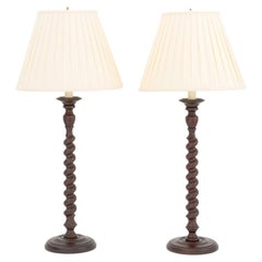 Pair of Jacobean Style Carved Mahogany Barley Twist Table Lamps