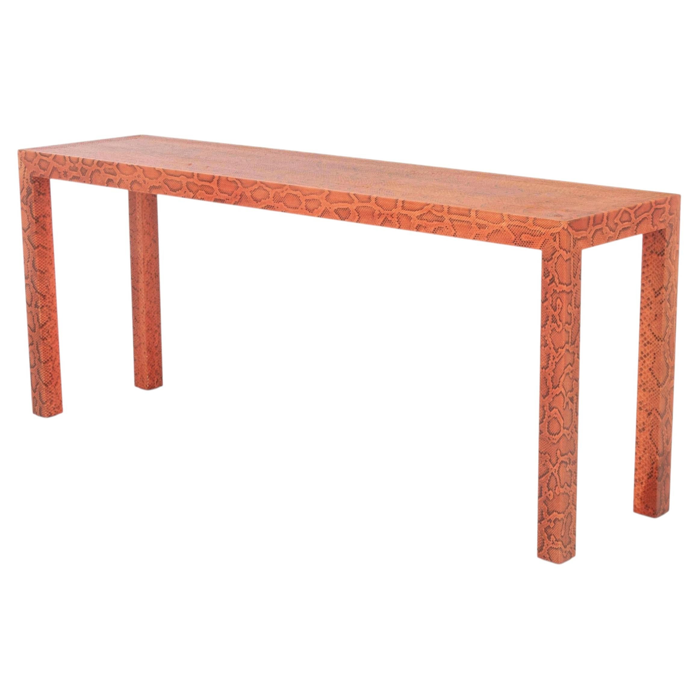 Karl Springer Faux Red Python Leather Covered Parsons Table, 1972 For Sale