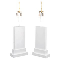 Pair of Minimalist White Painted Wood Table Lamps with Stepped Bases