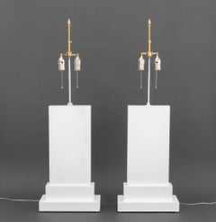 Pair of Minimalist White Painted Wood Table Lamps with Stepped Bases