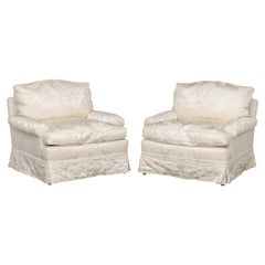 Pair of Vintage White Silk Damask Upholstered Easy Chairs