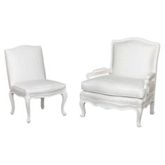 Two Louis XV Style White Painted Wood Chairs with Diamond Pattern Upholstery