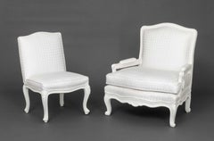 Two Louis XV Style White Painted Wood Chairs with Diamond Pattern Upholstery
