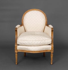 Louis XVI Style Upholstered Walnut Bergere with Diamond Pattern Upholstery