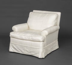 Modern Striped White Silk Upholstered Arm Chair with Skirt
