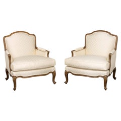 Pair of Louis XV Style Cream Diamond Pattern Fabric Upholstered Bergeres