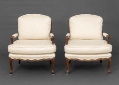 Pair of Louis XV Style Cream Fabric Upholstered Walnut Bergeres
