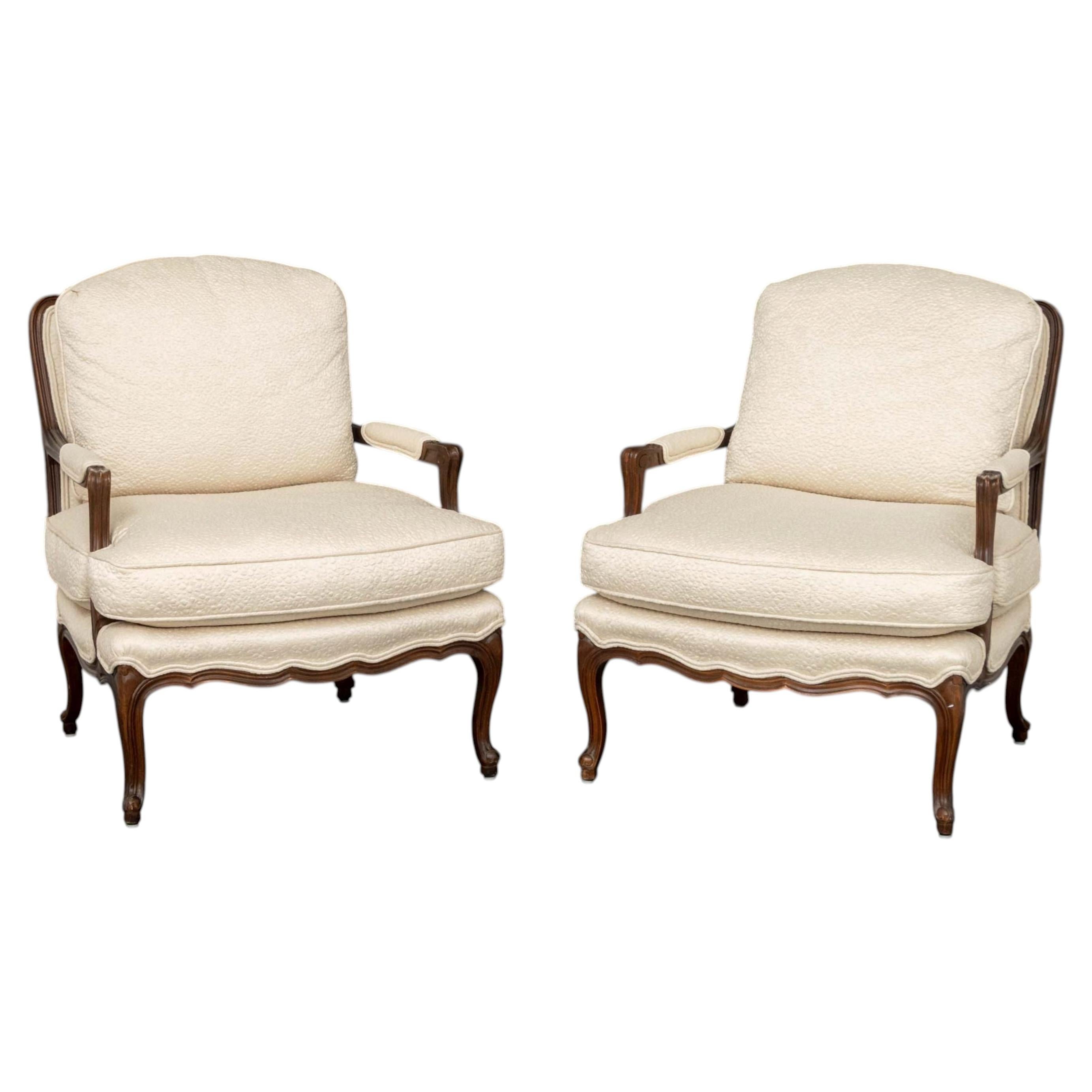Pair of Louis XV Style Cream Fabric Upholstered Walnut Bergeres For Sale