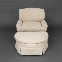 Modern Beige Textured Fabric Upholstered Easy Chair and Demilune Ottoman Set