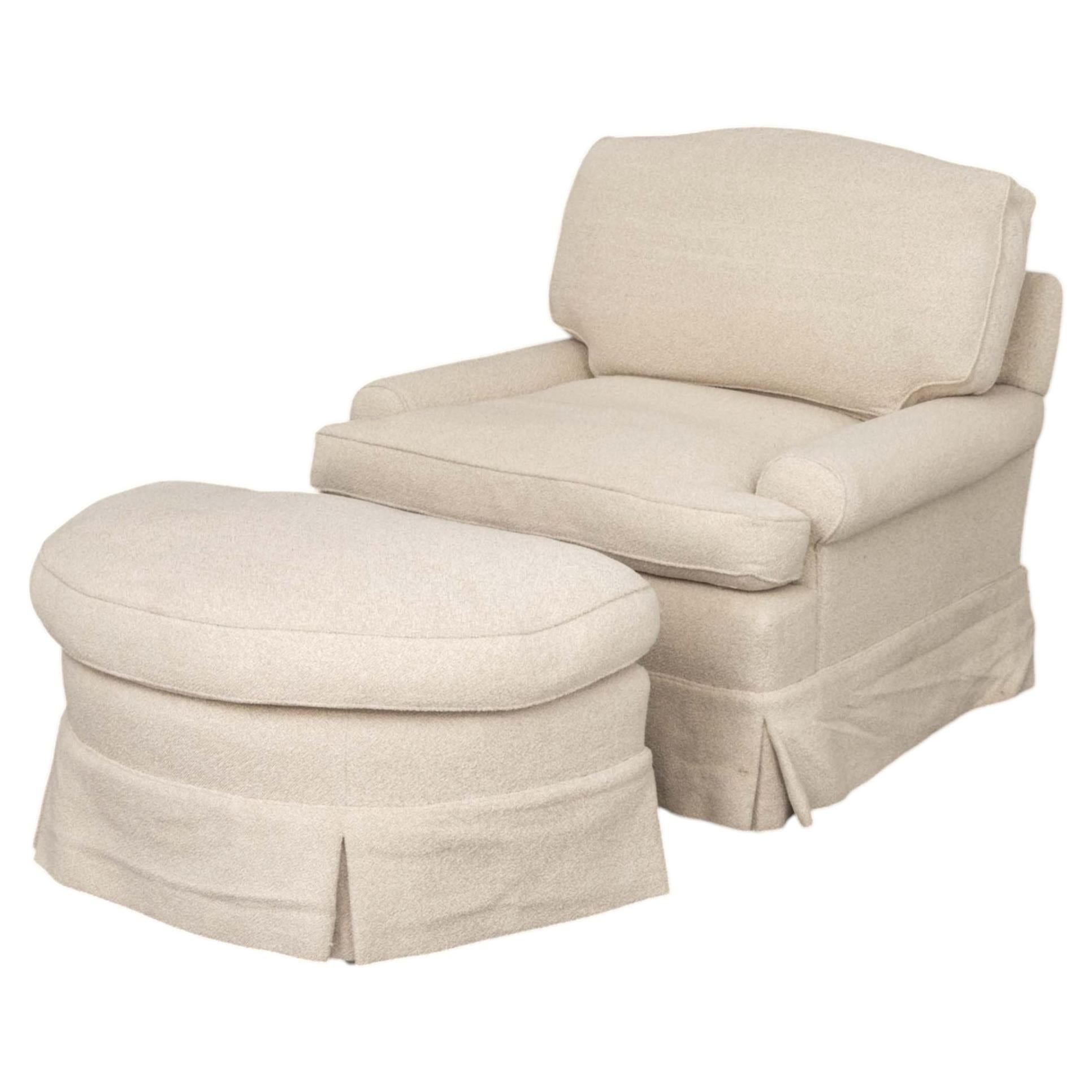 Modern Beige Textured Fabric Upholstered Easy Chair and Demilune Ottoman Set For Sale