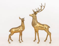 Pair of Hollywood Regency Style Stag and Doe Large Brass Sculptures