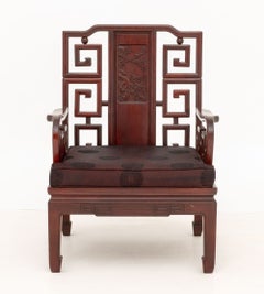Chinese Carved Rosewood Armchair with Carved Cherry Blossom and Bird Design