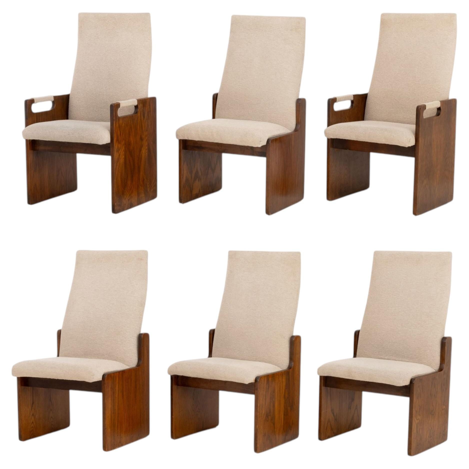 Lane Brutalist Pueblo Grey Boucle Upholstered Walnut Dining Chairs, 6 For Sale