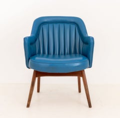 Mid-Century Modern Blue Naugahyde Upholstered Walnut Arm Chair