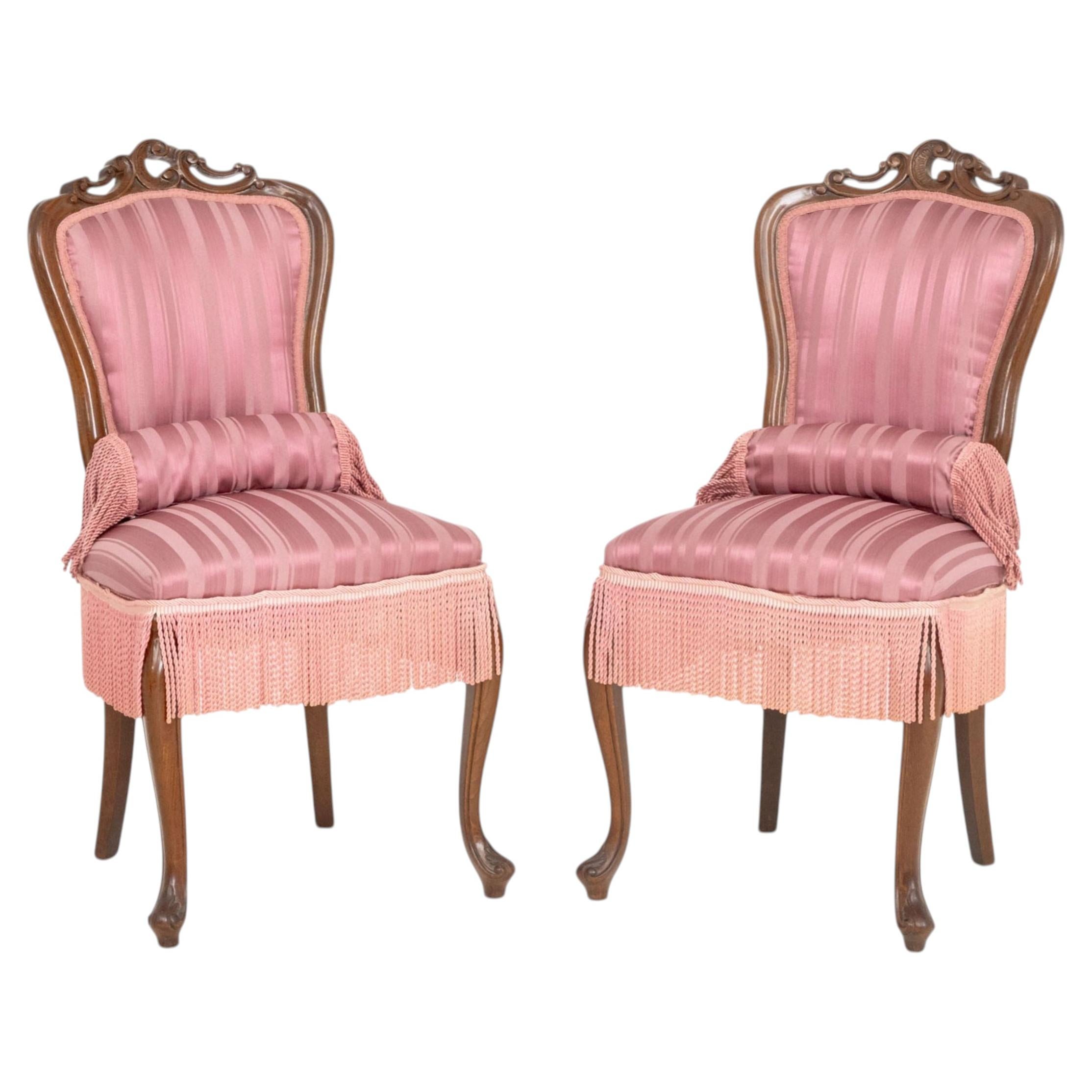Pair of Victorian Style Walnut Slipper Chairs with Magenta Silk Blend Upholstery For Sale