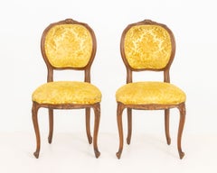 Pair of Louis XV Style Yellow Satin and Velvet Upholstered Walnut Side Chairs