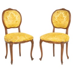 Pair of Louis XV Style Yellow Satin and Velvet Upholstered Walnut Side Chairs