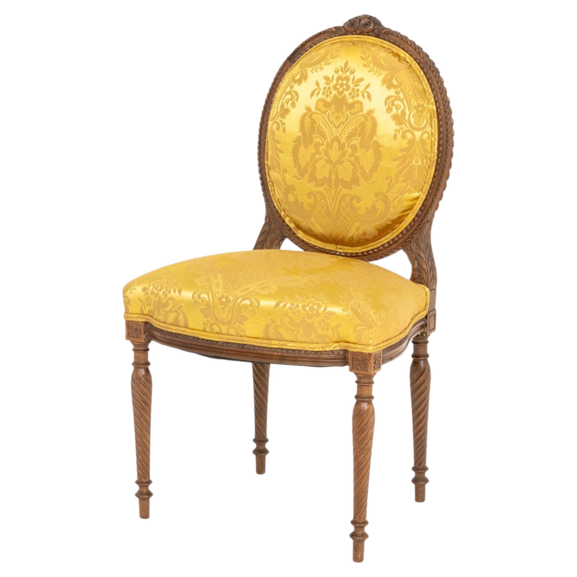 Louis XVI Style Yellow Silk Damask Upholstered Walnut Side Chair For Sale