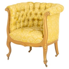 Louis XVI Style Giltwood Tub Chair with Yellow Damask Upholstery