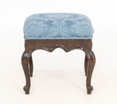 Victorian Style Blue Damask Upholstered Ottoman with Cabriole Legs