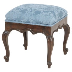 Victorian Style Blue Damask Upholstered Ottoman with Cabriole Legs
