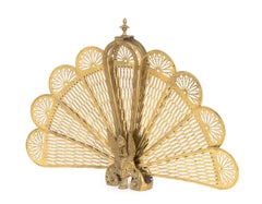 Victorian Brass Folding Peacock Firescreen with Scroll Form Base