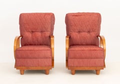 Pair of Art Deco Vintage Silk Upholstered Bentwood Armchairs