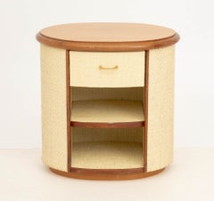 Vintage Modern Walnut and White Painted Rattan Bedside Table