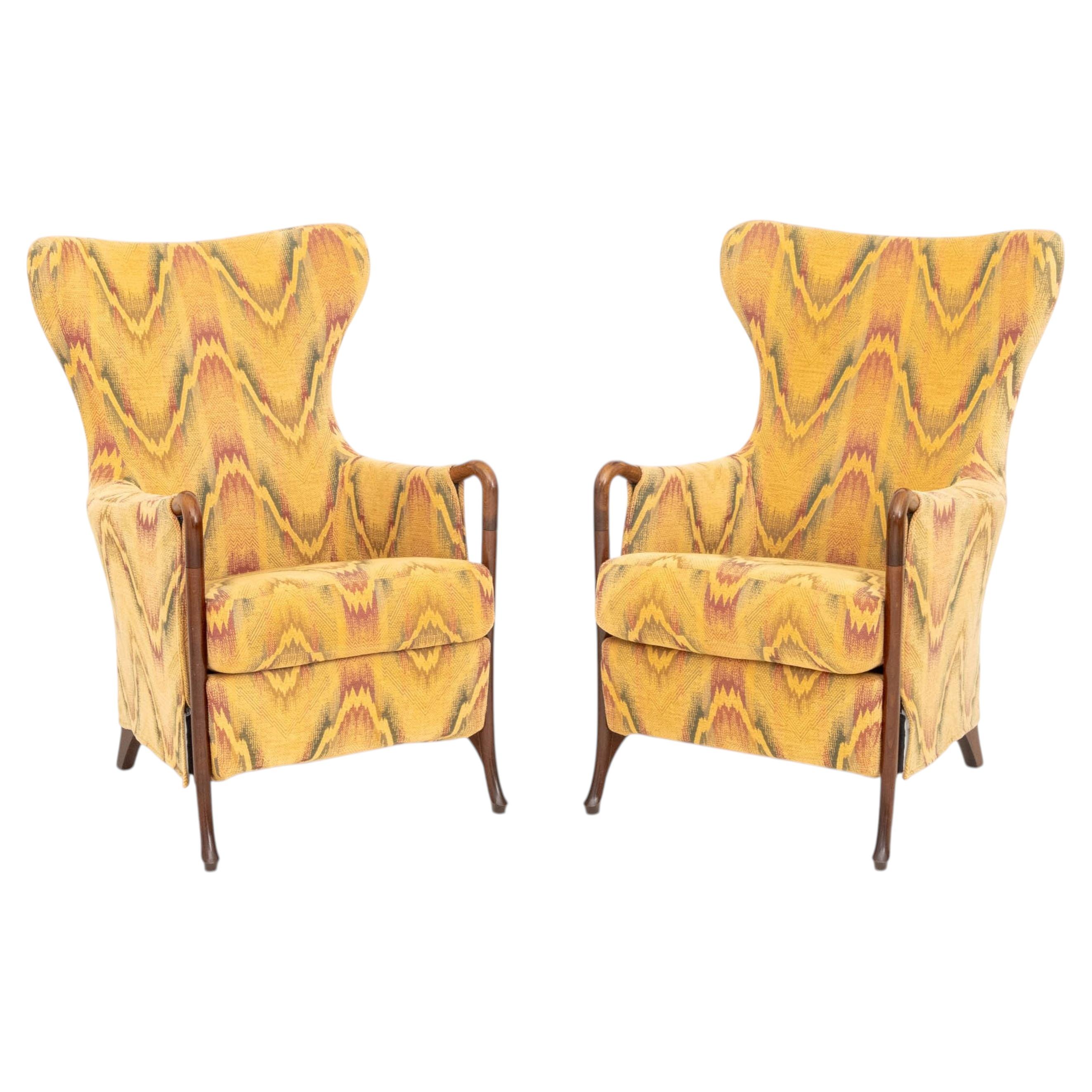 Umberto Asnago "Progetti 63340" Upholstered Teak Wing Chairs, Pair For Sale