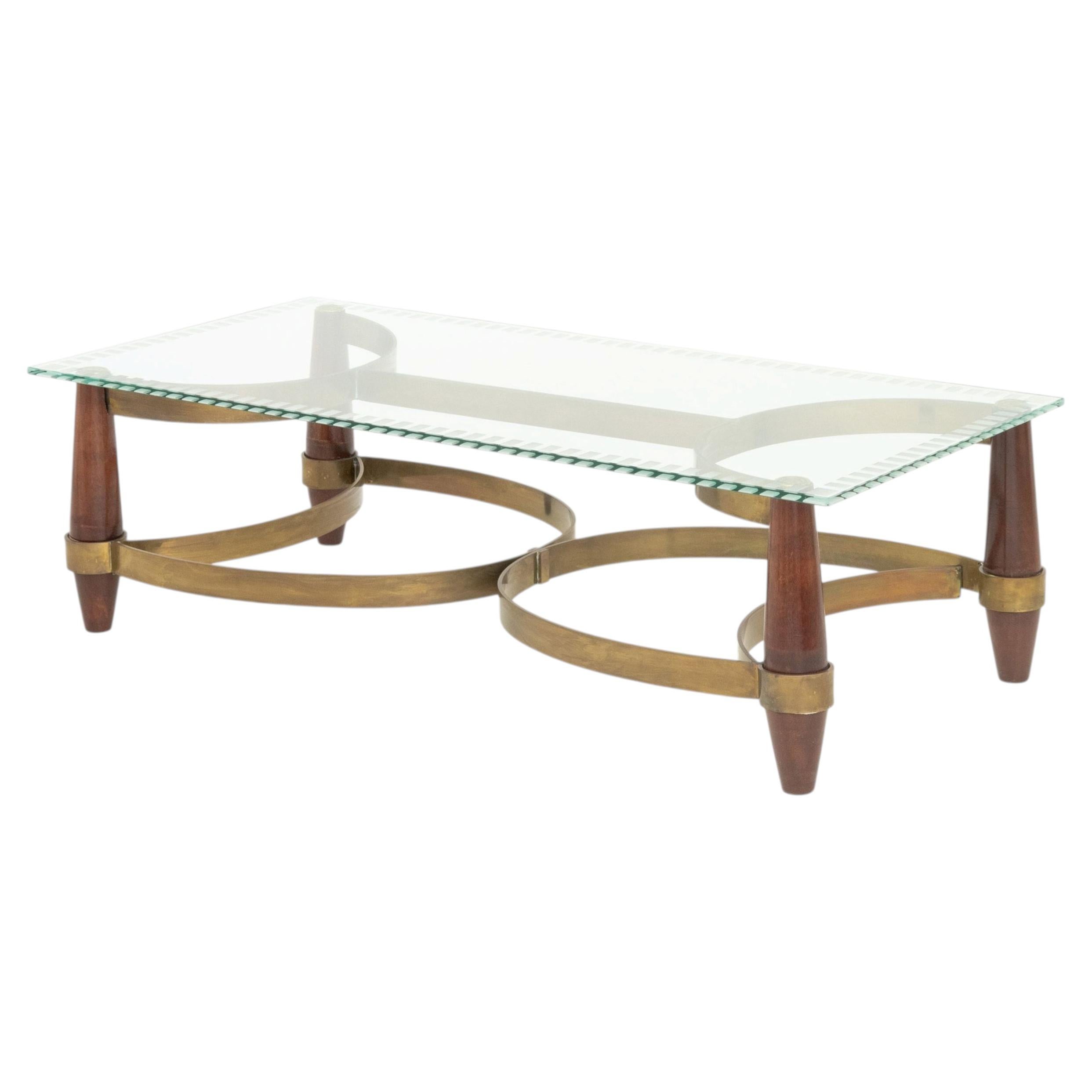 Hollywood Regency Style Vintage Brass, Glass, and Wood Coffee Table For Sale